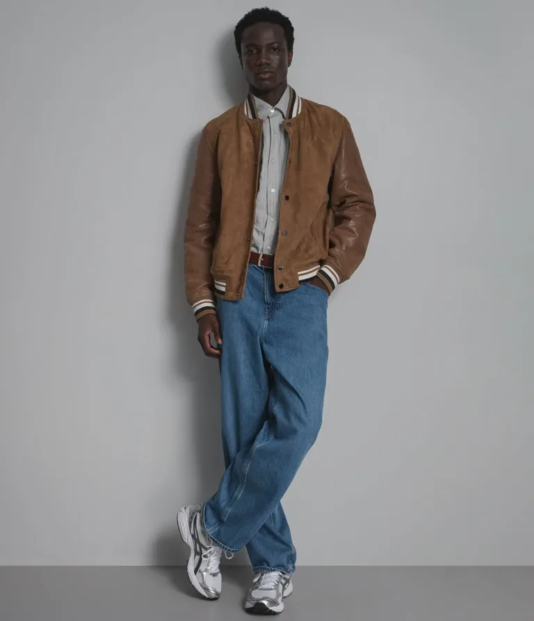 Micah Vintage Varsity Jacket in Camel suede, gallery view 4, image 4 of 6.