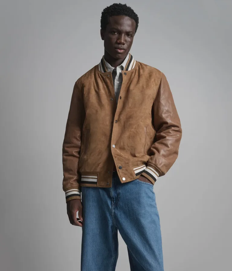 Micah Vintage Varsity Jacket in Camel suede, gallery view 1, image 1 of 6.