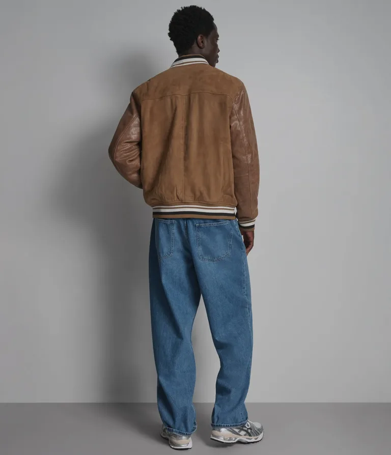 Micah Vintage Varsity Jacket in Camel suede, back, image 3 of 6.