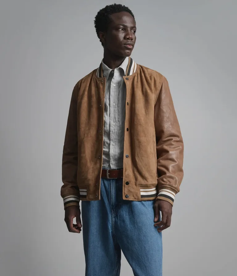 Micah Vintage Varsity Jacket in Camel suede, front, image 5 of 6.