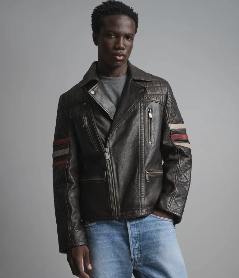 Wilsons Leather Colton Vintage Striped Moto Jacket in Brown, alternate view 2