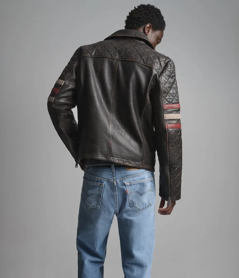 Wilsons Leather Colton Vintage Striped Moto Jacket in Brown, back view