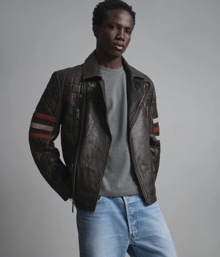Wilsons Leather Colton Vintage Striped Moto Jacket in Brown, front view