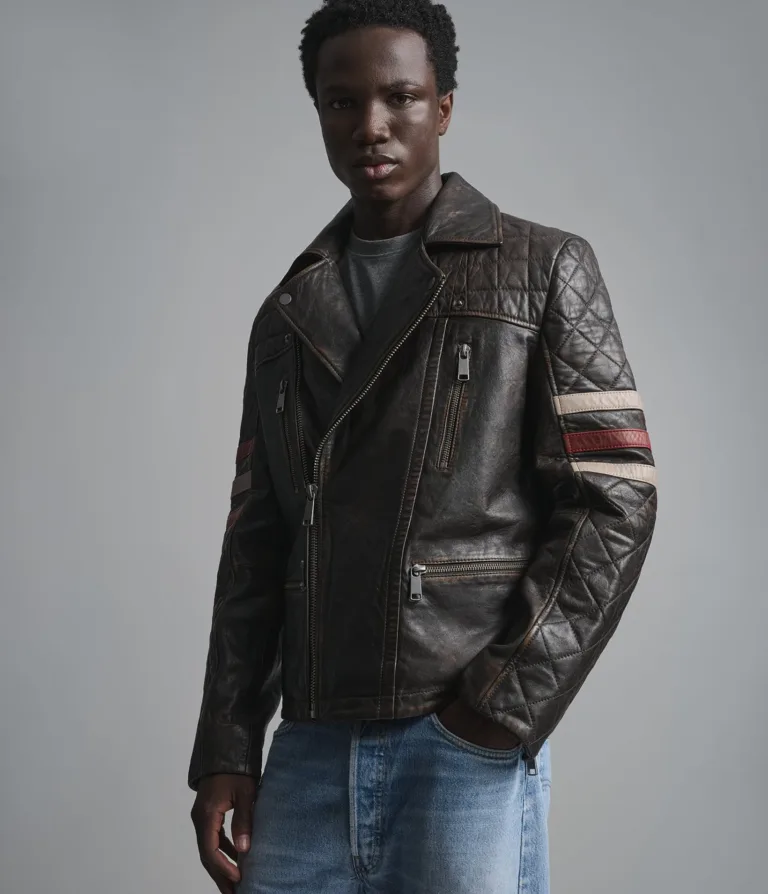 Wilsons Leather Colton Vintage Striped Moto Jacket in Brown, side view