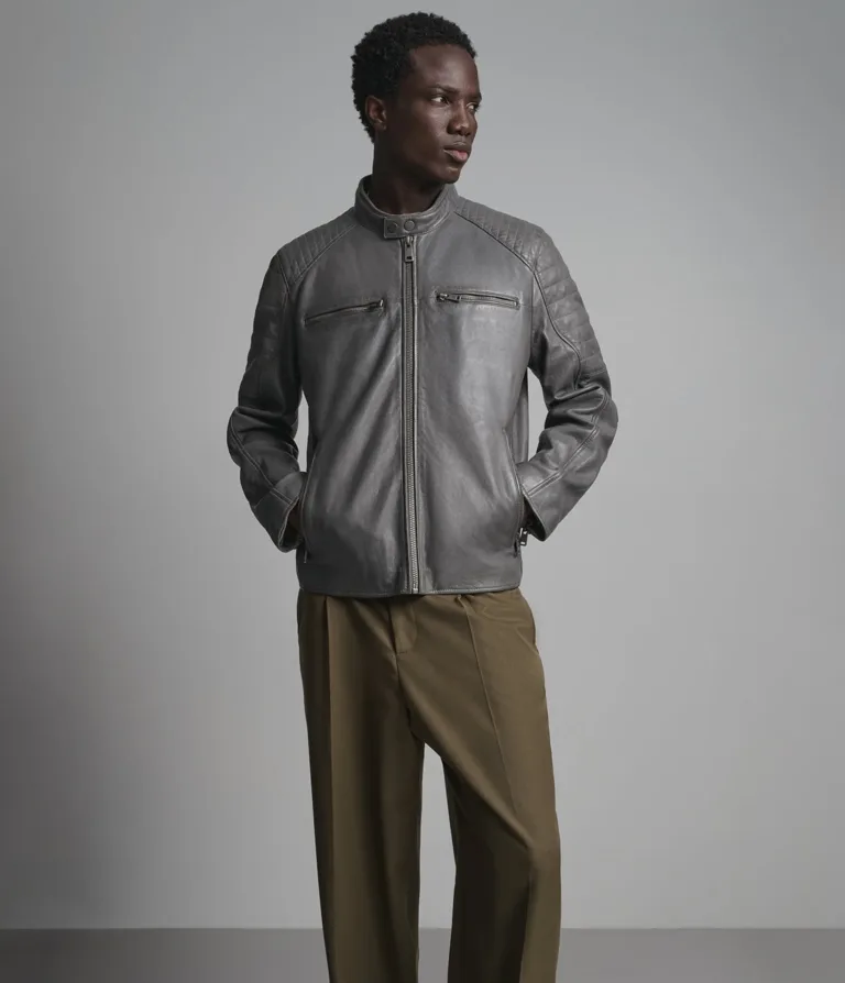 Lance Collarless Moto Jacket in Grey, gallery view 6, image 6 of 6.
