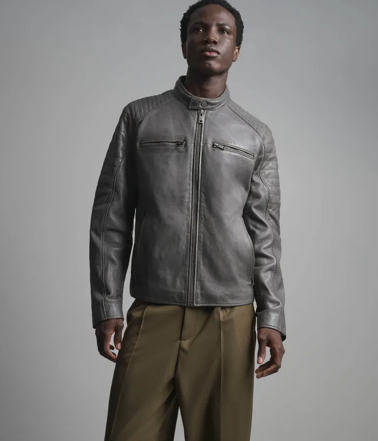 Lance Collarless Moto Jacket in Grey, gallery view 1, image 1 of 6.