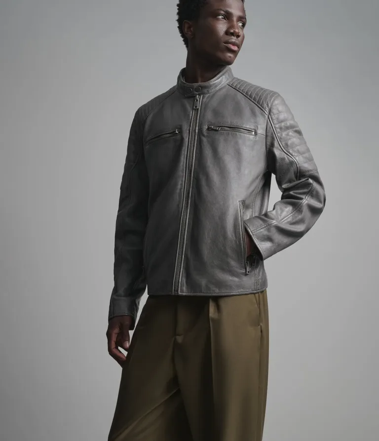 Lance Collarless Moto Jacket in Grey, gallery view 2, image 2 of 6.
