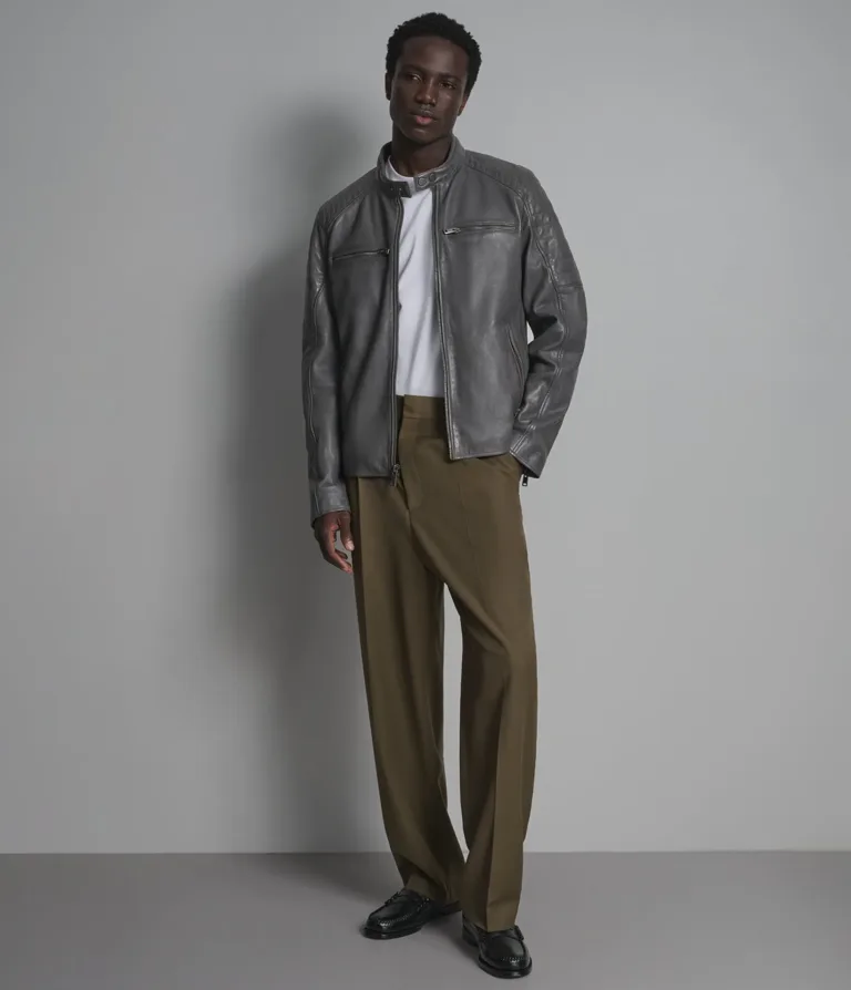 Lance Collarless Moto Jacket in Grey, front, image 5 of 6.