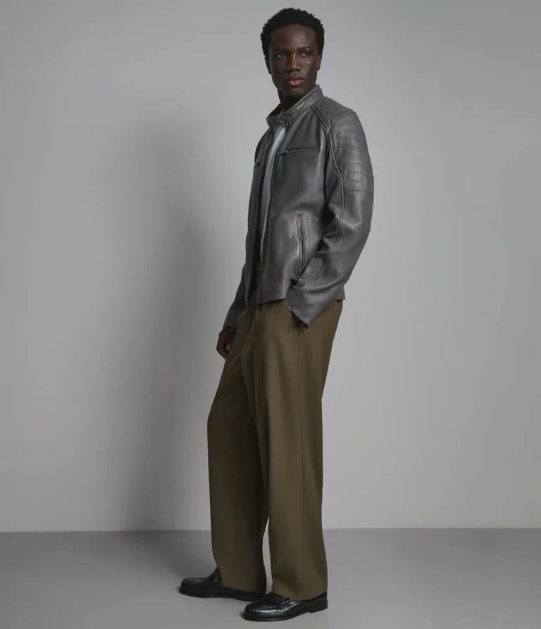 Lance Collarless Moto Jacket in Grey, side, image 4 of 6.