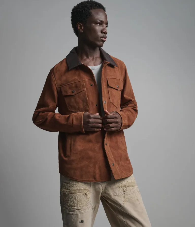 Zion Color-block Vintage Shirt Jacket in Brown suede, gallery view 4, image 4 of 5.