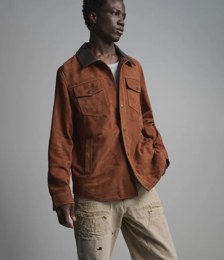 Zion Color-block Vintage Shirt Jacket in Brown suede, gallery view 1, image 1 of 5.