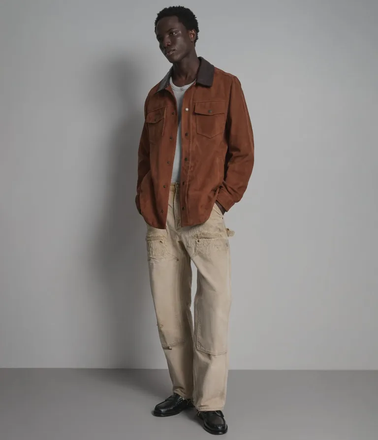 Zion Color-block Vintage Shirt Jacket in Brown suede, front, image 5 of 5.