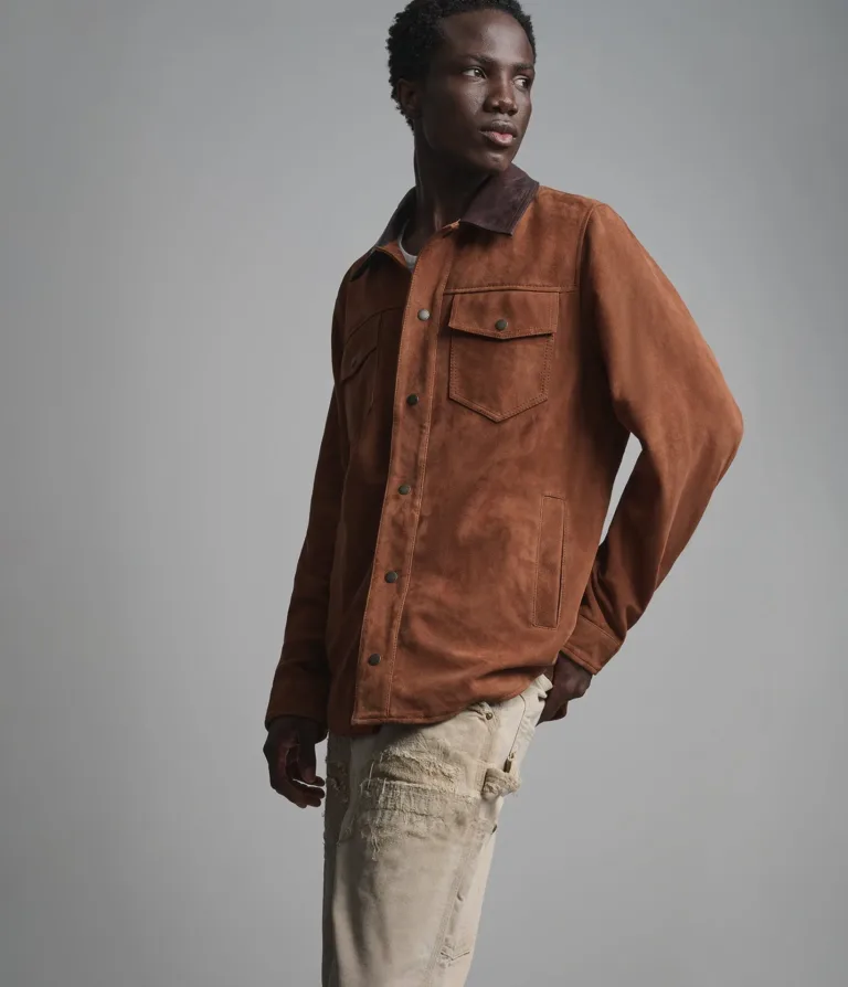 Zion Color-block Vintage Shirt Jacket in Brown suede, side, image 2 of 5.