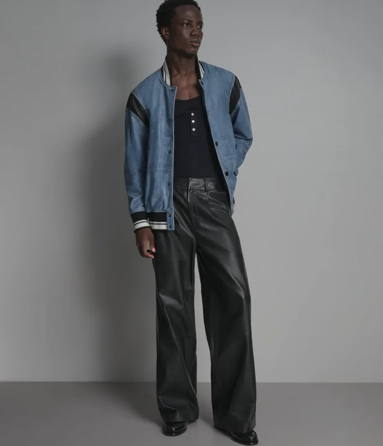 Simon Leather Denim Letterman Jacket in Blue Denim, gallery view 4, image 4 of 6.