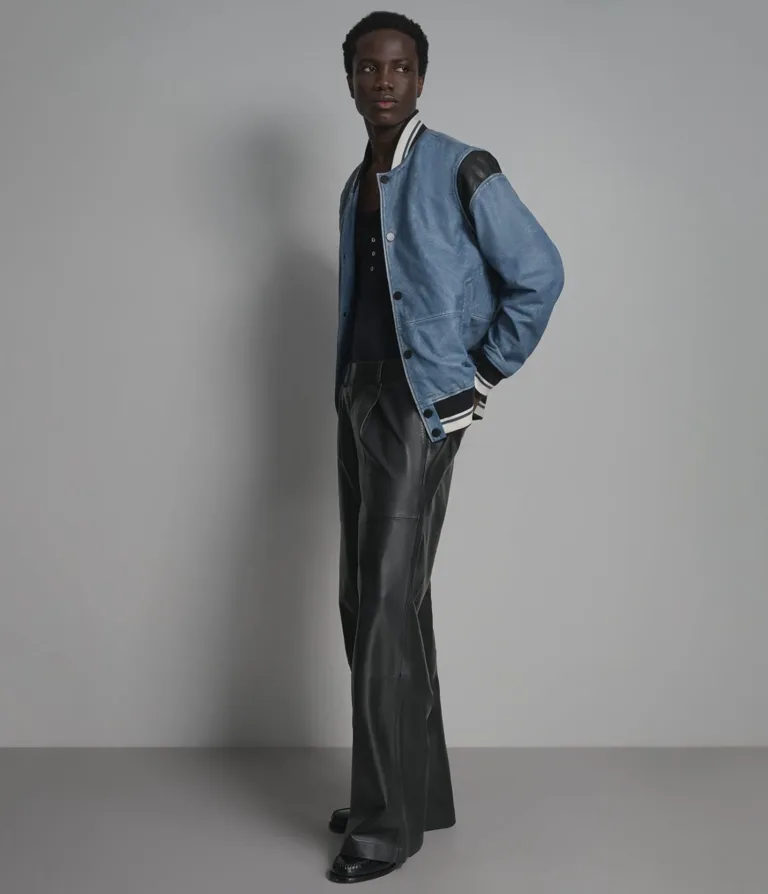 Simon Leather Denim Letterman Jacket in Blue Denim, gallery view 5, image 5 of 6.