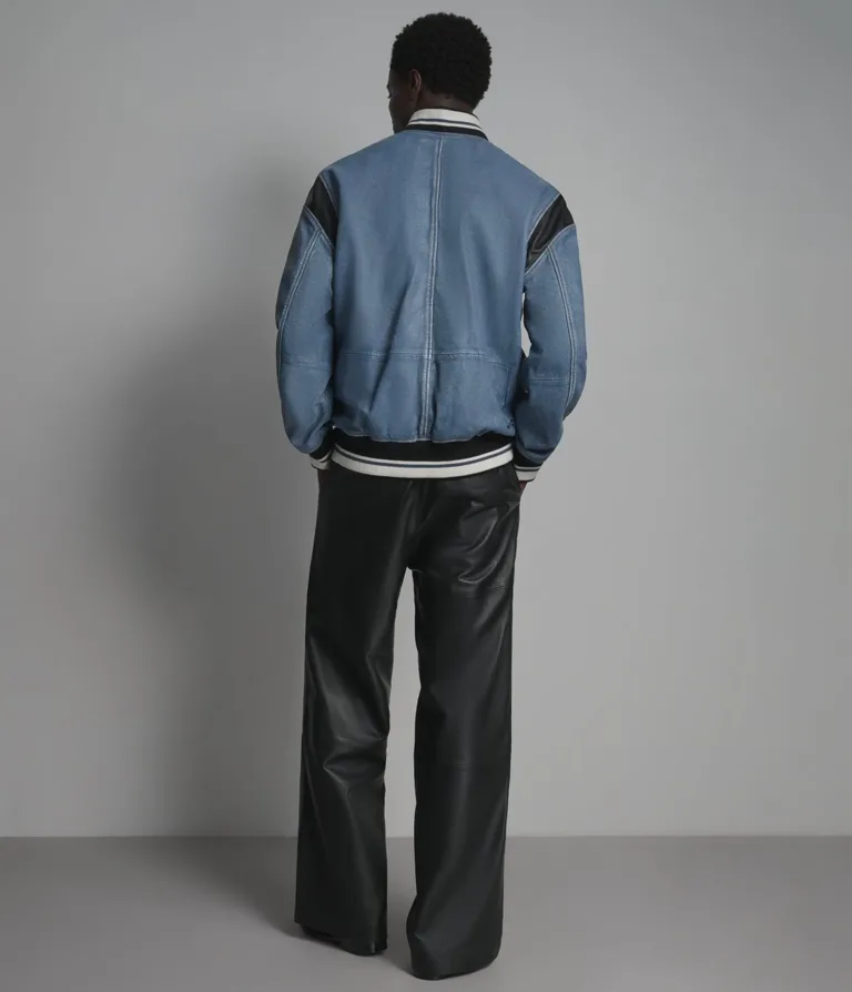 Simon Leather Denim Letterman Jacket in Blue Denim, back, image 3 of 6.