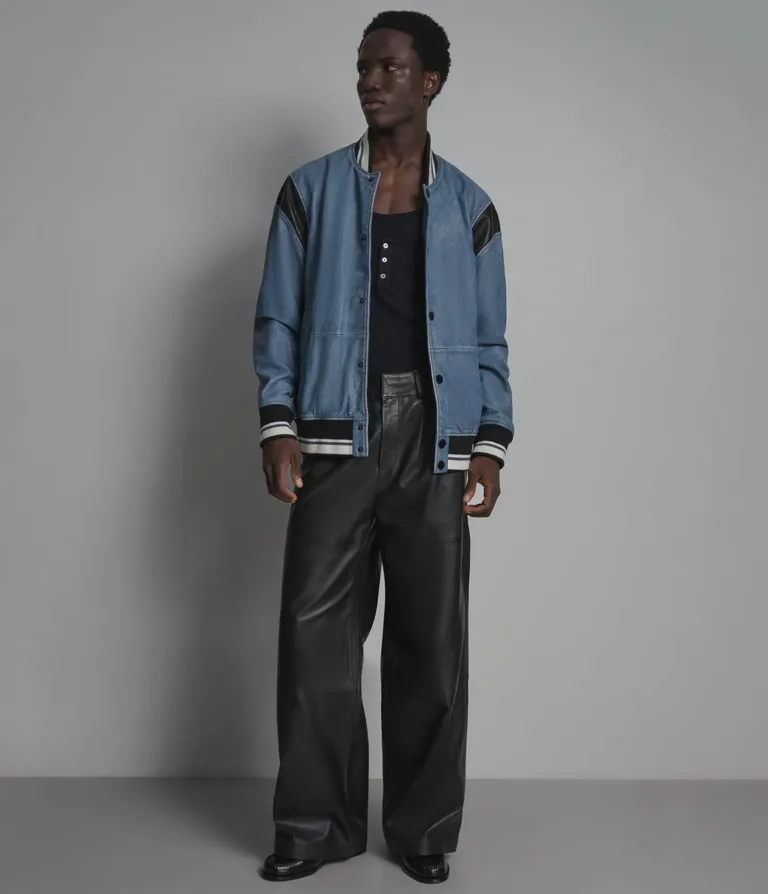Simon Leather Denim Letterman Jacket in Blue Denim, front, image 6 of 6.