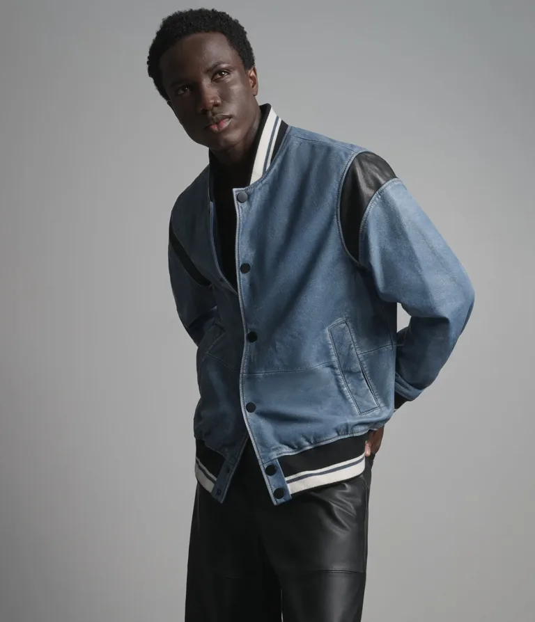 Simon Leather Denim Letterman Jacket in Blue Denim, gallery view 1, image 1 of 6.