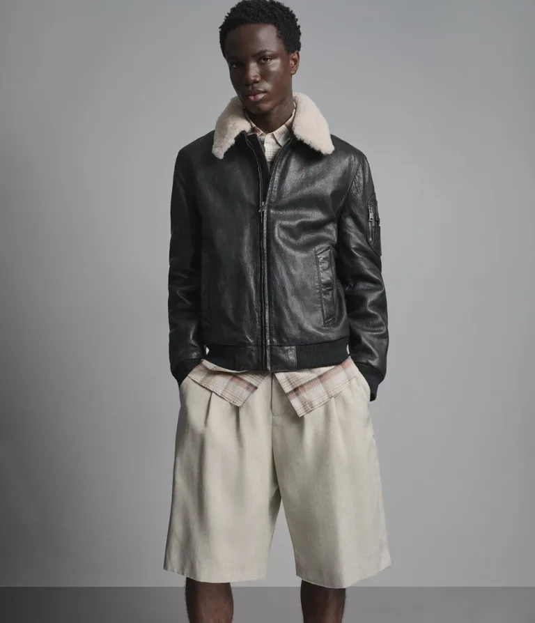 Jimmy Leather Aviator Bomber Jacket in Deep Brown, gallery view 4, image 4 of 6.