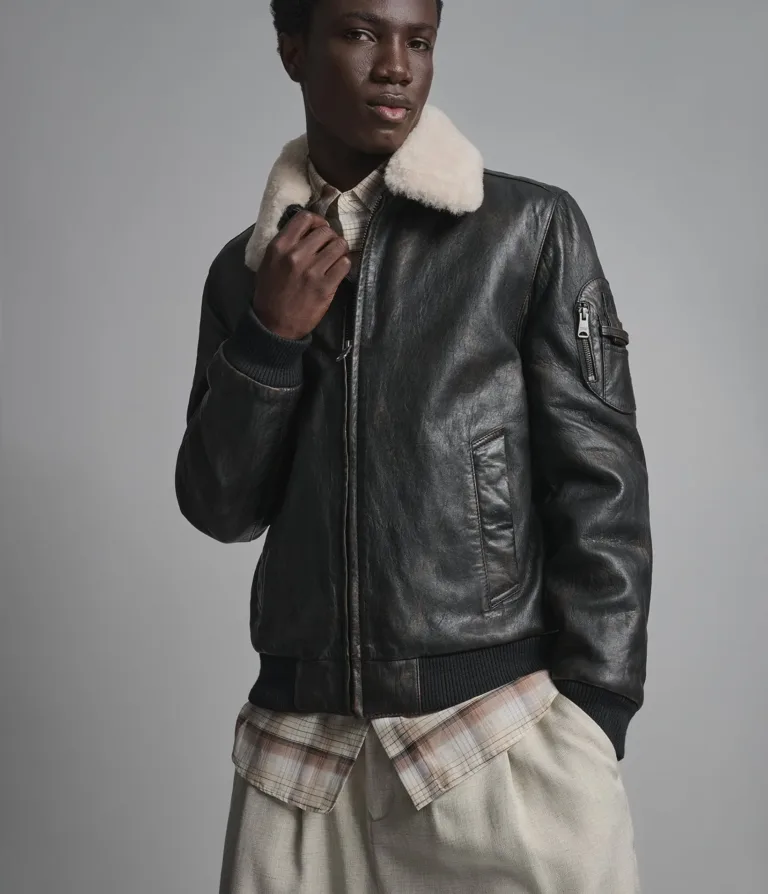 Jimmy Leather Aviator Bomber Jacket in Deep Brown, gallery view 2, image 2 of 6.
