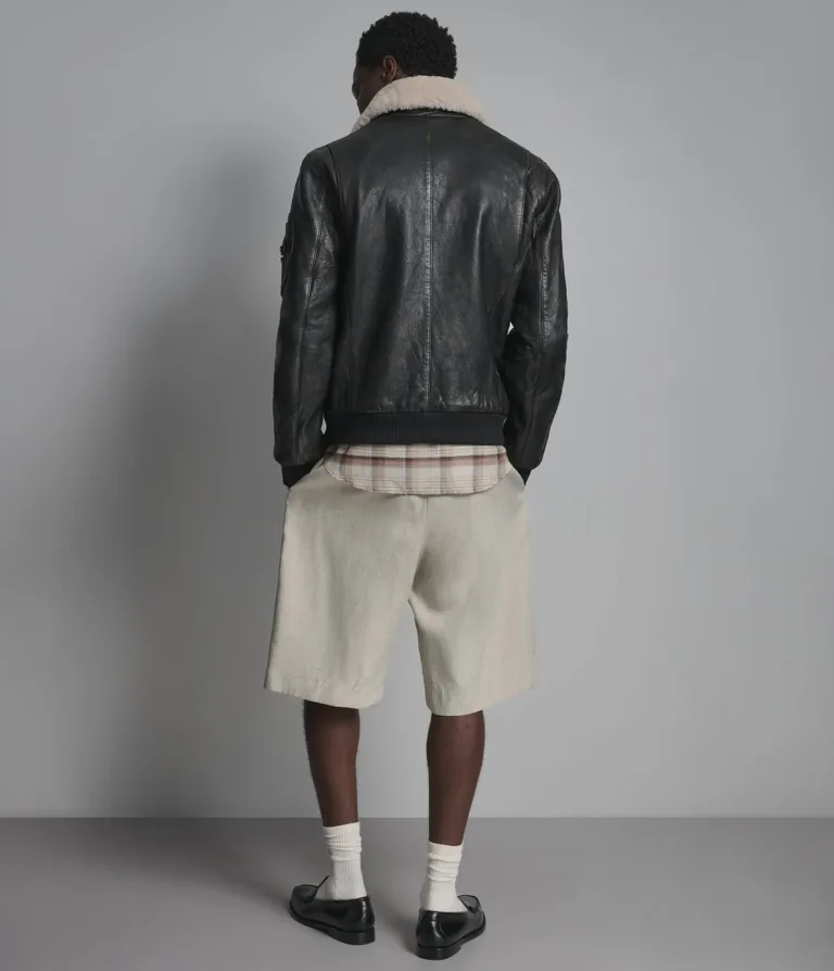 Jimmy Leather Aviator Bomber Jacket in Deep Brown, back, image 3 of 6.