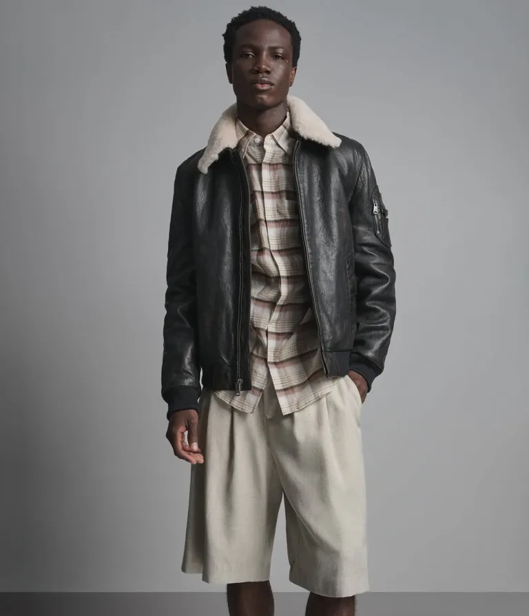 Jimmy Leather Aviator Bomber Jacket in Deep Brown, front, image 1 of 6.