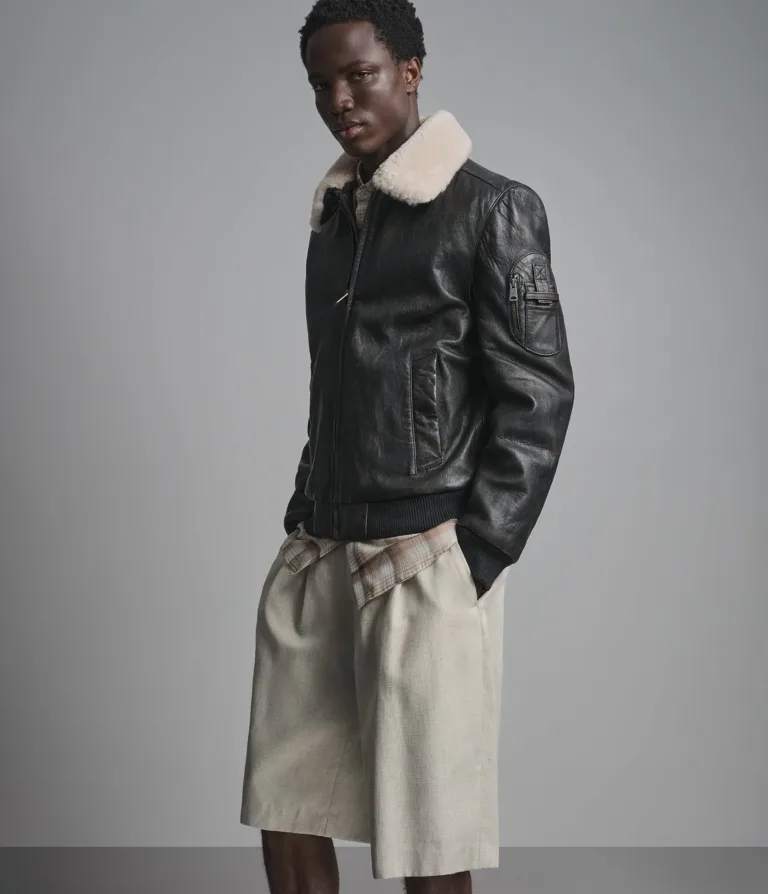 Jimmy Leather Aviator Bomber Jacket in Deep Brown, side, image 5 of 6.