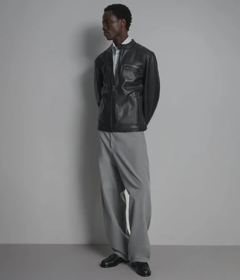 Ethan Leather Racer Jacket in Black/Grey, detail 1 gallery image 4 of 5.