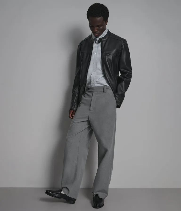 Ethan Leather Racer Jacket in Black/Grey, detail 2 gallery image 5 of 5.