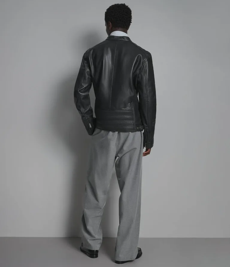 Ethan Leather Racer Jacket in Black/Grey, back gallery image 2 of 5.