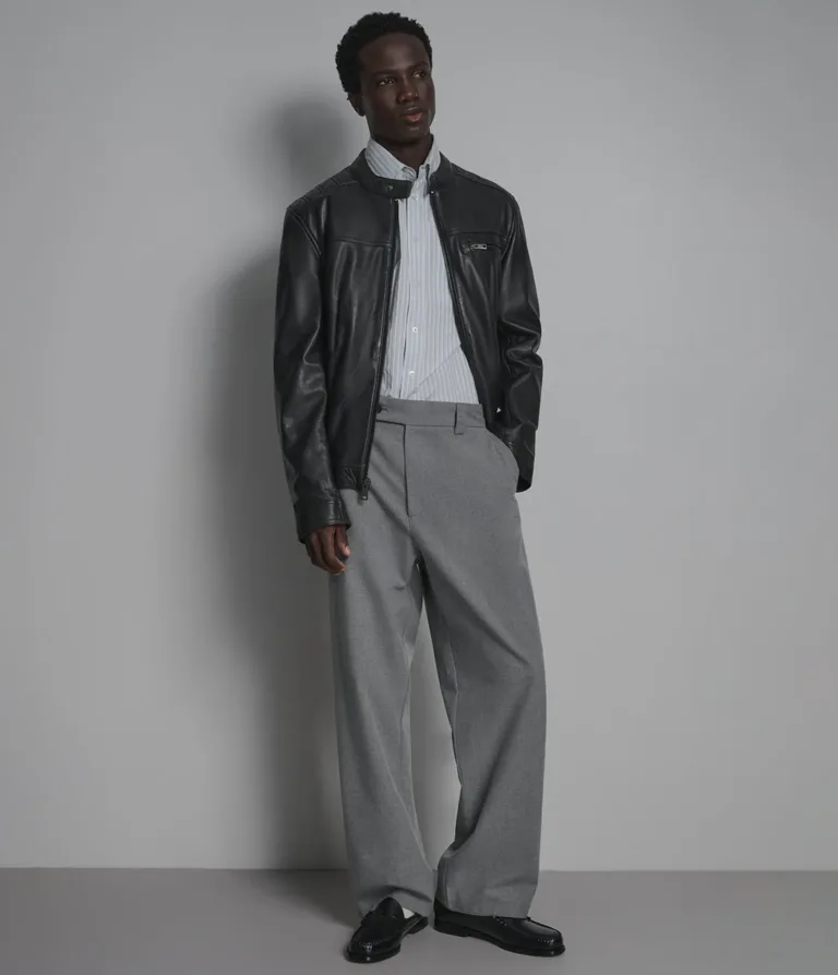 Ethan Leather Racer Jacket in Black/Grey, front gallery image 1 of 5.