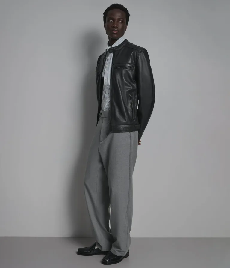 Ethan Leather Racer Jacket in Black/Grey, side gallery image 3 of 5.