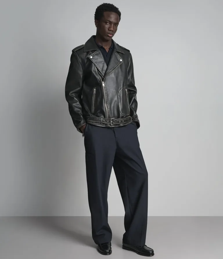 Rhodes Vintage Leather Moto Jacket in Black/White, gallery view 5, image 5 of 6.
