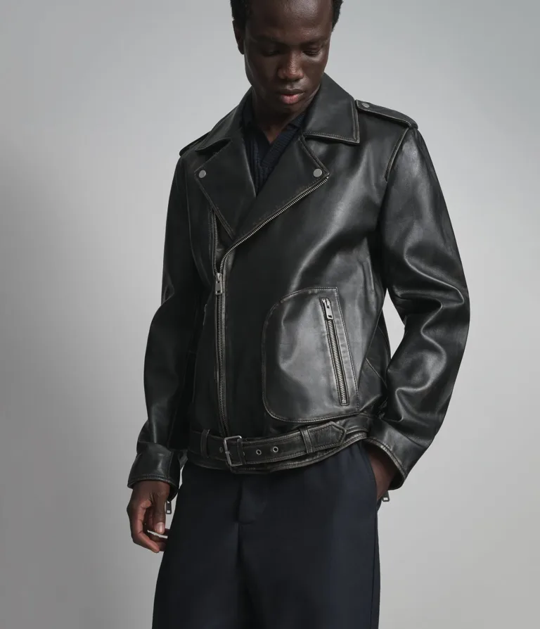 Rhodes Vintage Leather Moto Jacket in Black/White, gallery view 2, image 2 of 6.