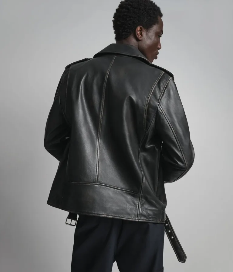 Rhodes Vintage Leather Moto Jacket in Black/White, back, image 3 of 6.