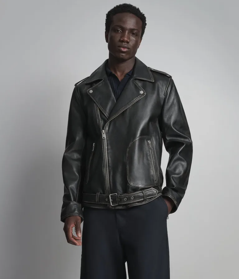 Rhodes Vintage Leather Moto Jacket in Black/White, front, image 1 of 6.