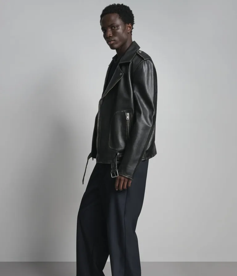 Rhodes Vintage Leather Moto Jacket in Black/White, side, image 6 of 6.