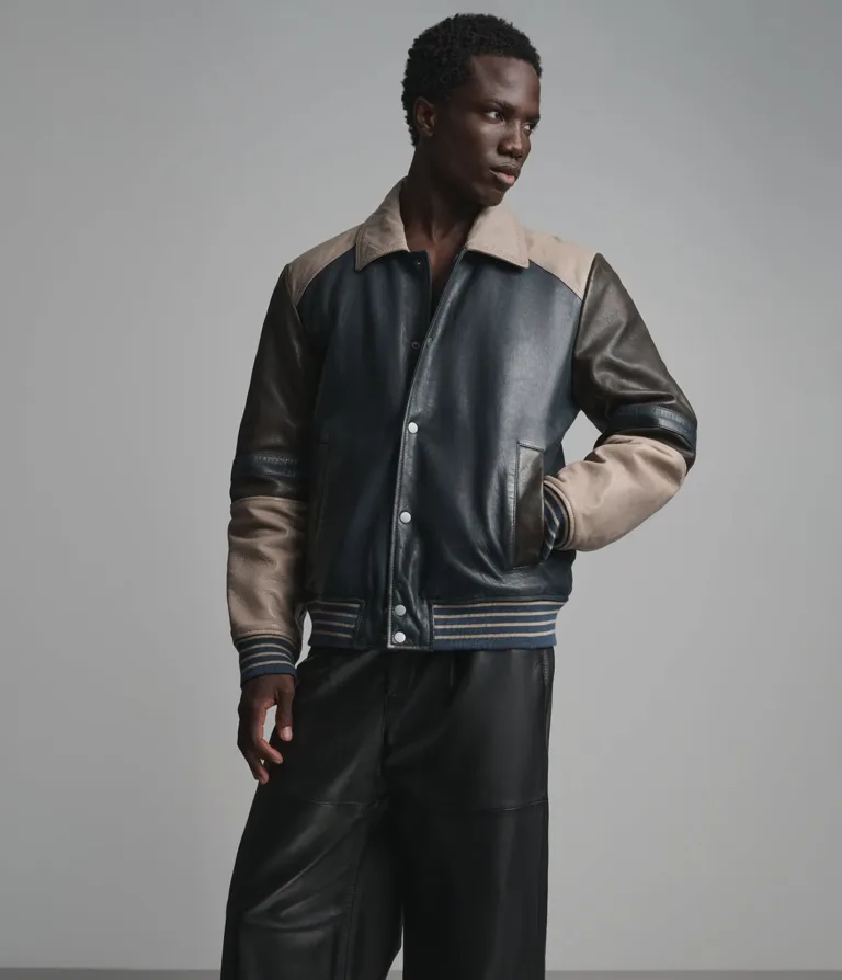 Wilsons Leather Bryson Navy Grey varsity jacket product view 1
