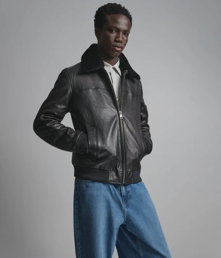 Wilsons Leather Ace bomber jacket with shearling collar in Black, alternate product view 4