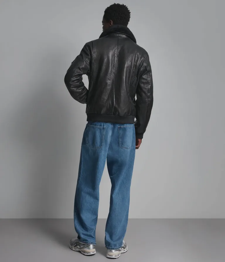 Wilsons Leather Ace bomber jacket with shearling collar in Black, back view