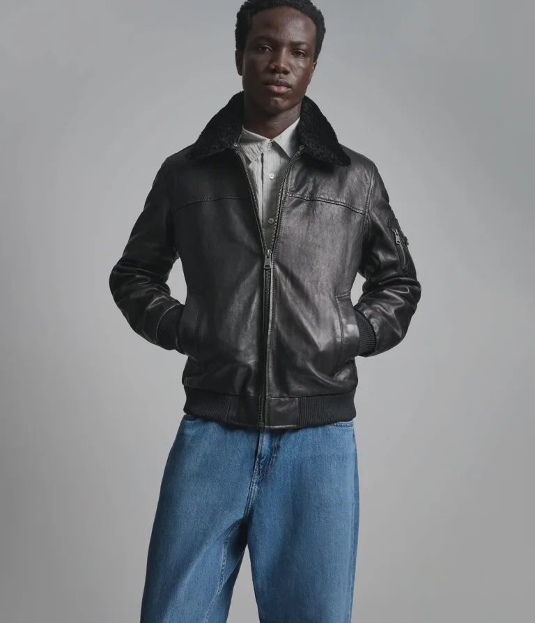 Wilsons Leather Ace bomber jacket with shearling collar in Black, front view