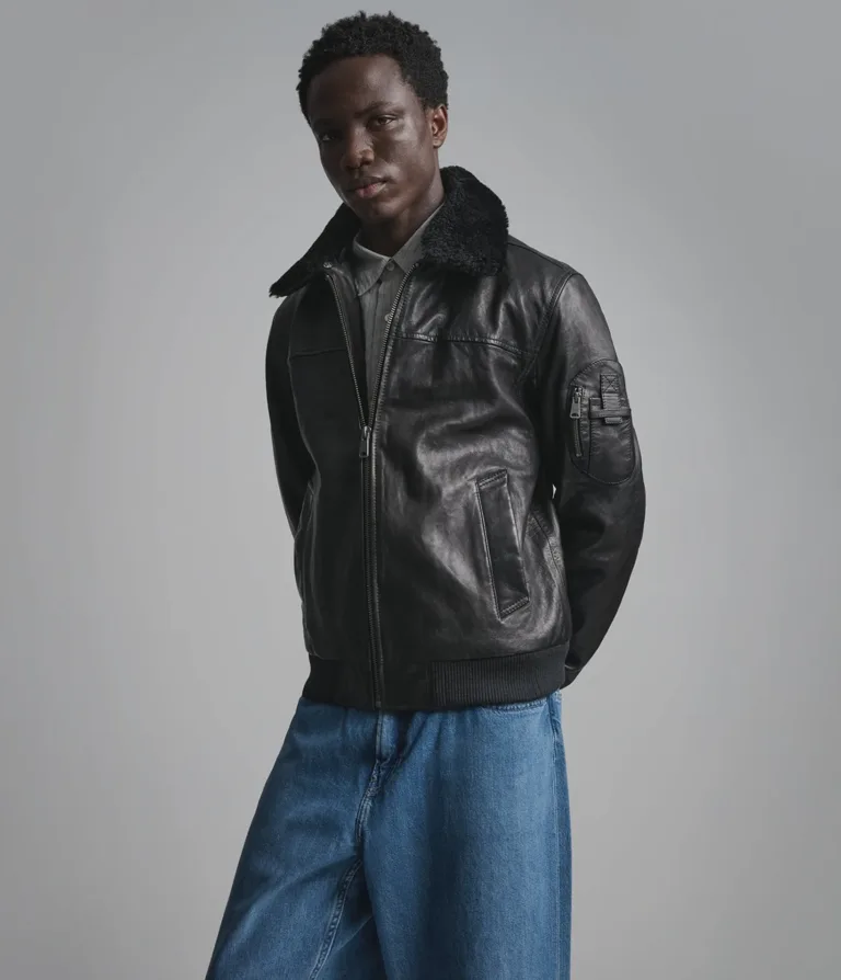Wilsons Leather Ace bomber jacket with shearling collar in Black, side view