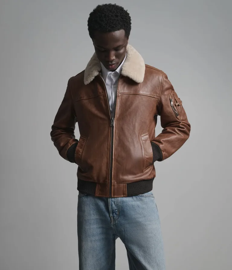 Wilsons Leather Ace bomber jacket with removable shearling collar in Cognac, three-quarter front view