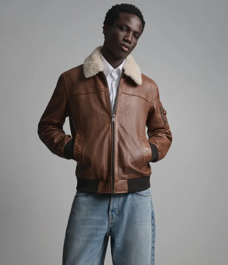 Wilsons Leather Ace bomber jacket with removable shearling collar in Cognac, front view