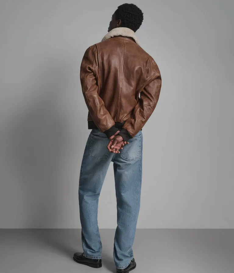 Wilsons Leather Ace bomber jacket with removable shearling collar in Cognac, back view