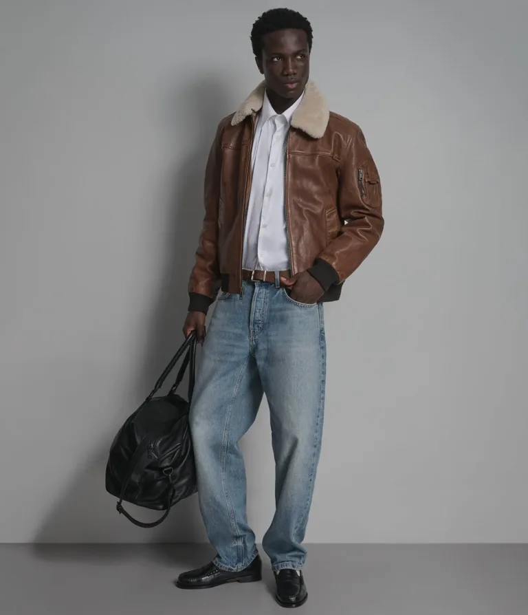 Full-length view of the Wilsons Leather Ace bomber jacket in Cognac with shearling collar