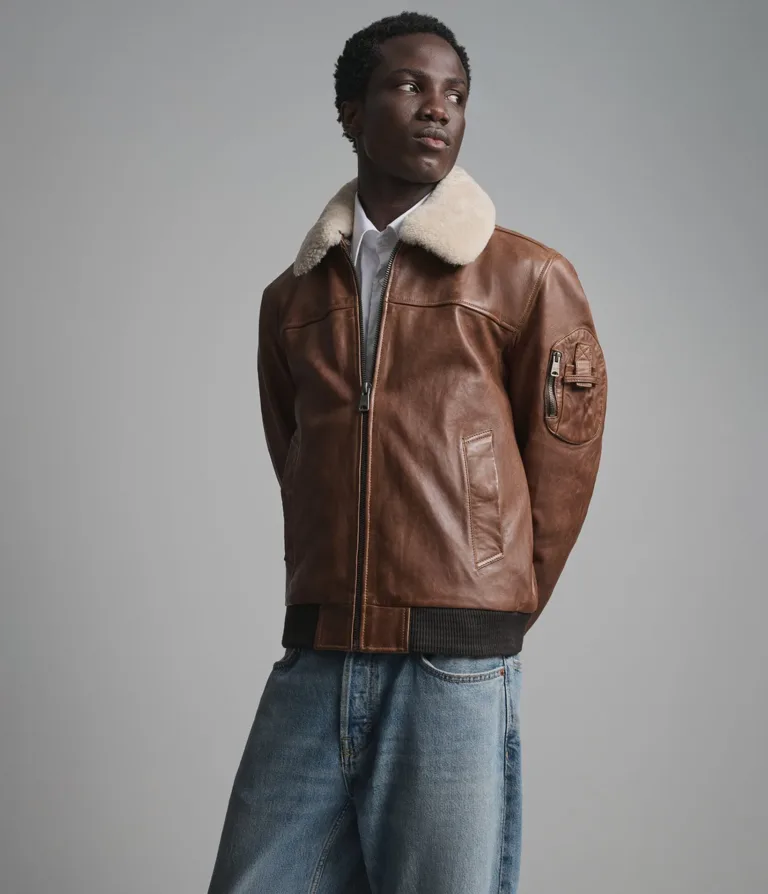 Wilsons Leather Ace bomber jacket with removable shearling collar in Cognac, side view