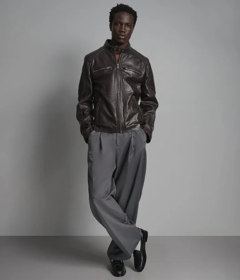 Wilsons Leather Lance Brown collarless leather moto jacket product view 3