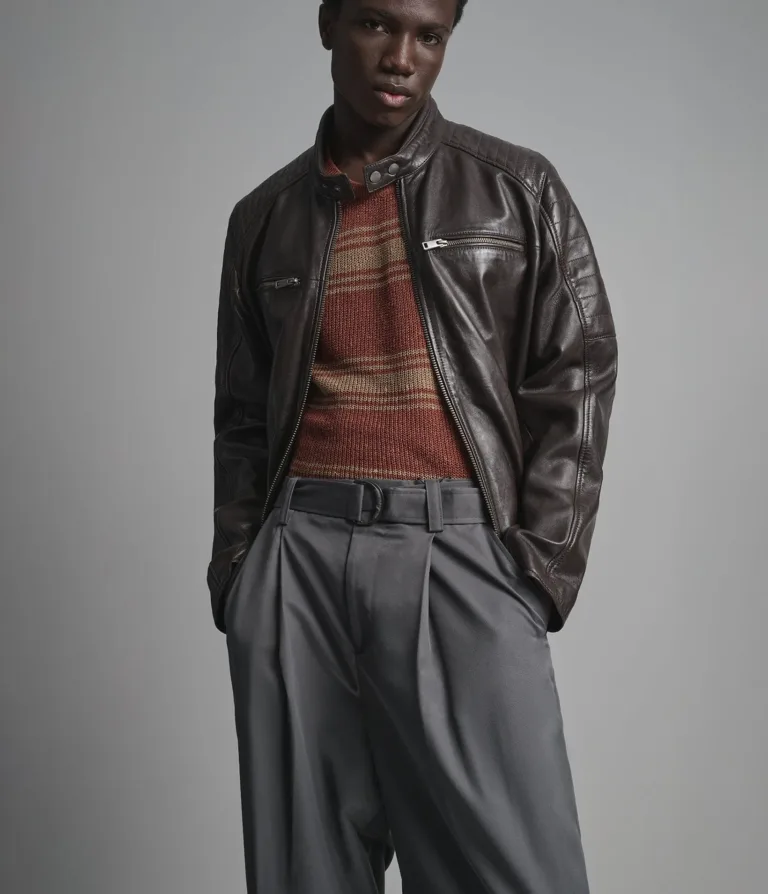 Wilsons Leather Lance Brown collarless leather moto jacket product view 1