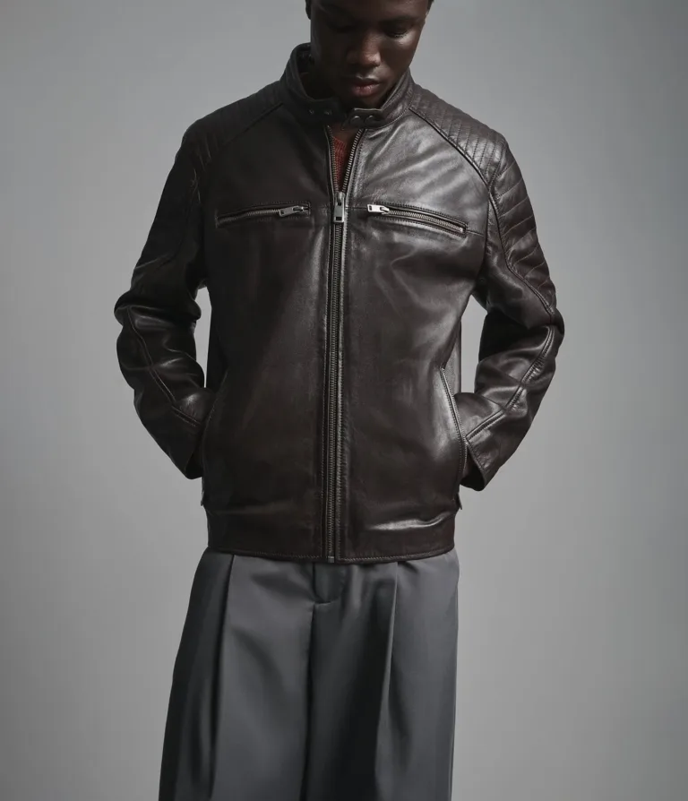 Wilsons Leather Lance Brown collarless leather moto jacket product view 6